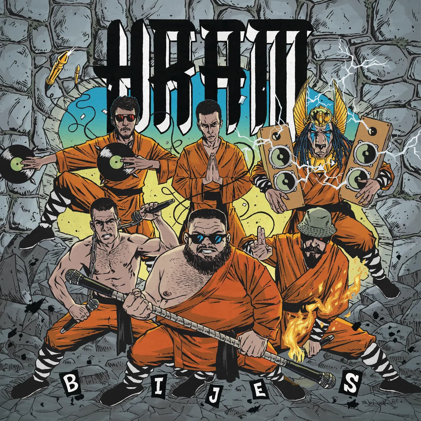 HRAM - Bijes album cover: pet clanova grupe u narancestim ogrtacima u stilu Shaolin redovnika, strip ilustracija na pozadini kamenog zida